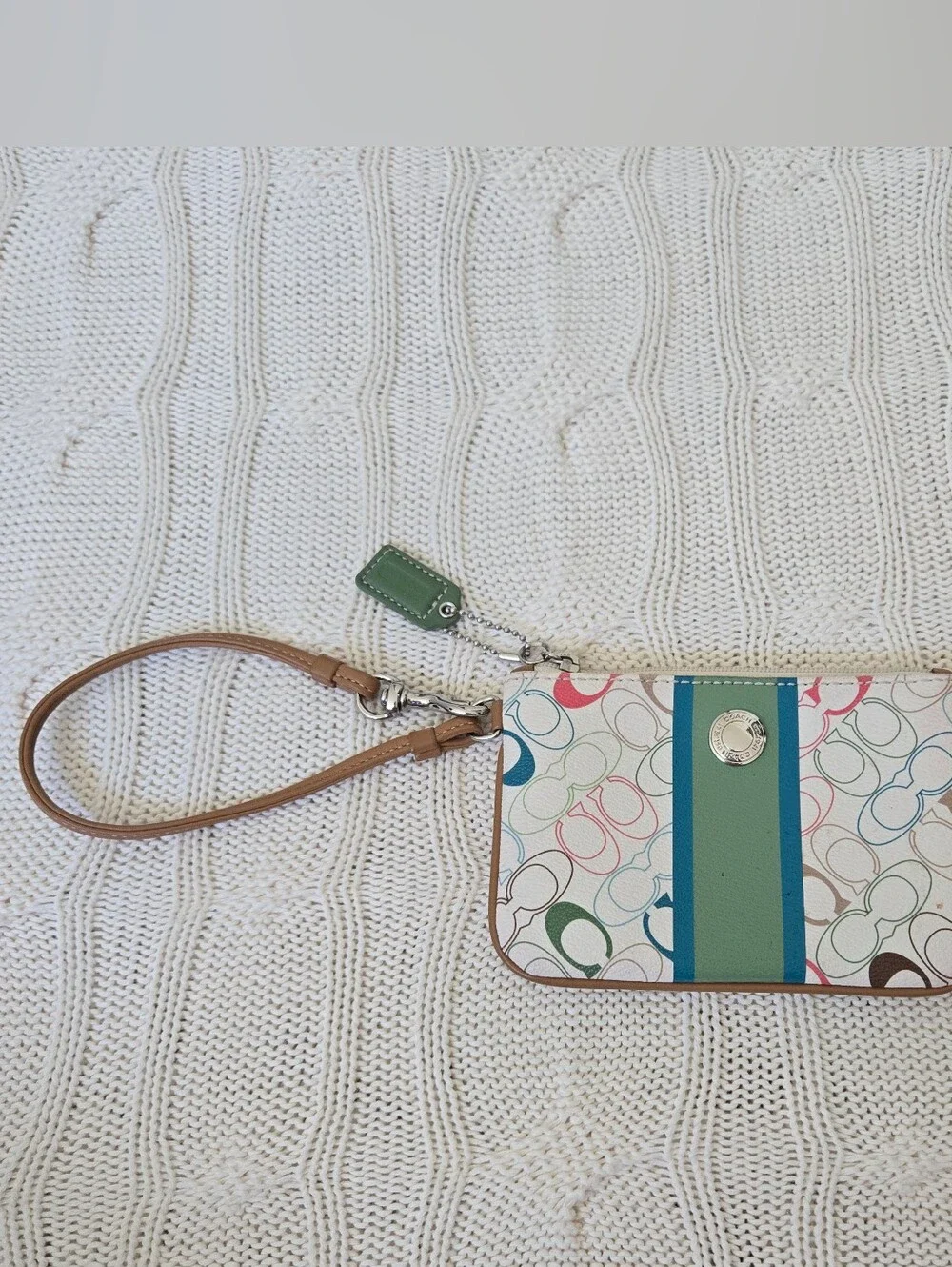 Coach Chelsea Heritage Stripe Cream Multicolor Logo Wristlet Green & Blue Stripe